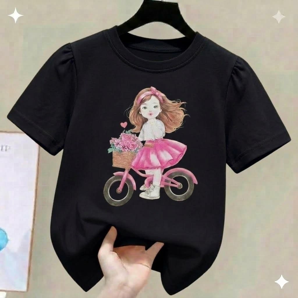 Camiseta Algodão Infantil Estamp Menina Bicicleta Blusinha Delicada Unissex Manga Redonda
