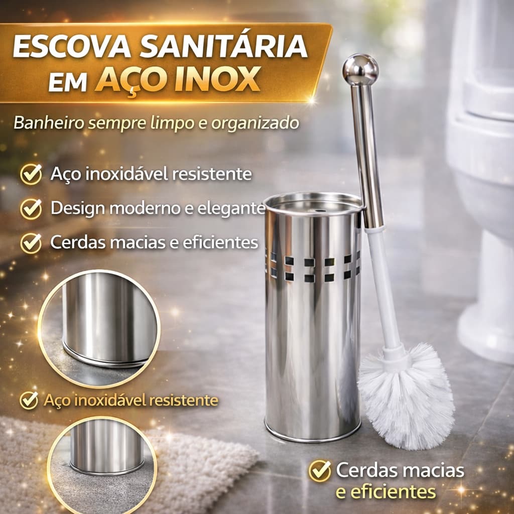 Escova Sanitária com Suporte Inox Premium | Escova para Vaso Sanitário | Design Moderno l | Limpeza Eficiente