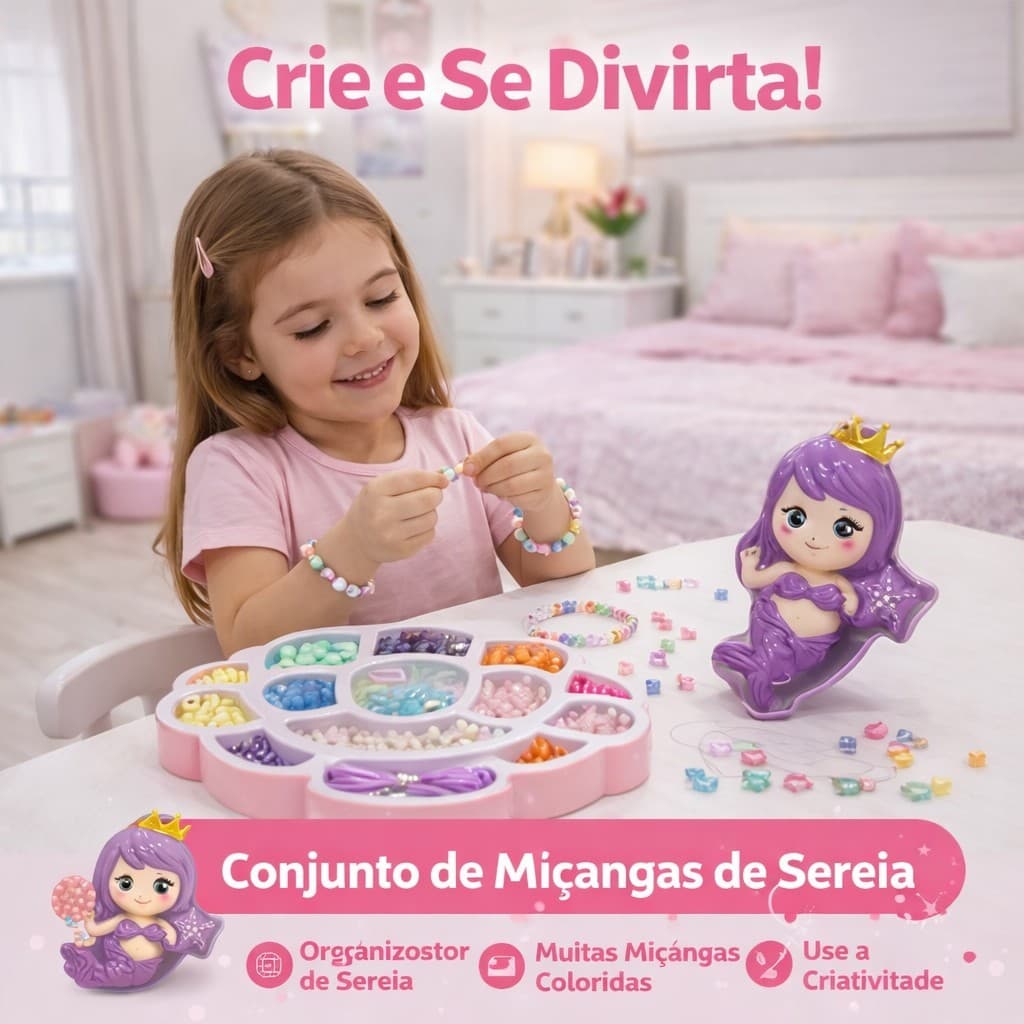 Kit Miçangas Infantil Criativo Tema Sereia Artesanato Colorido Educativo