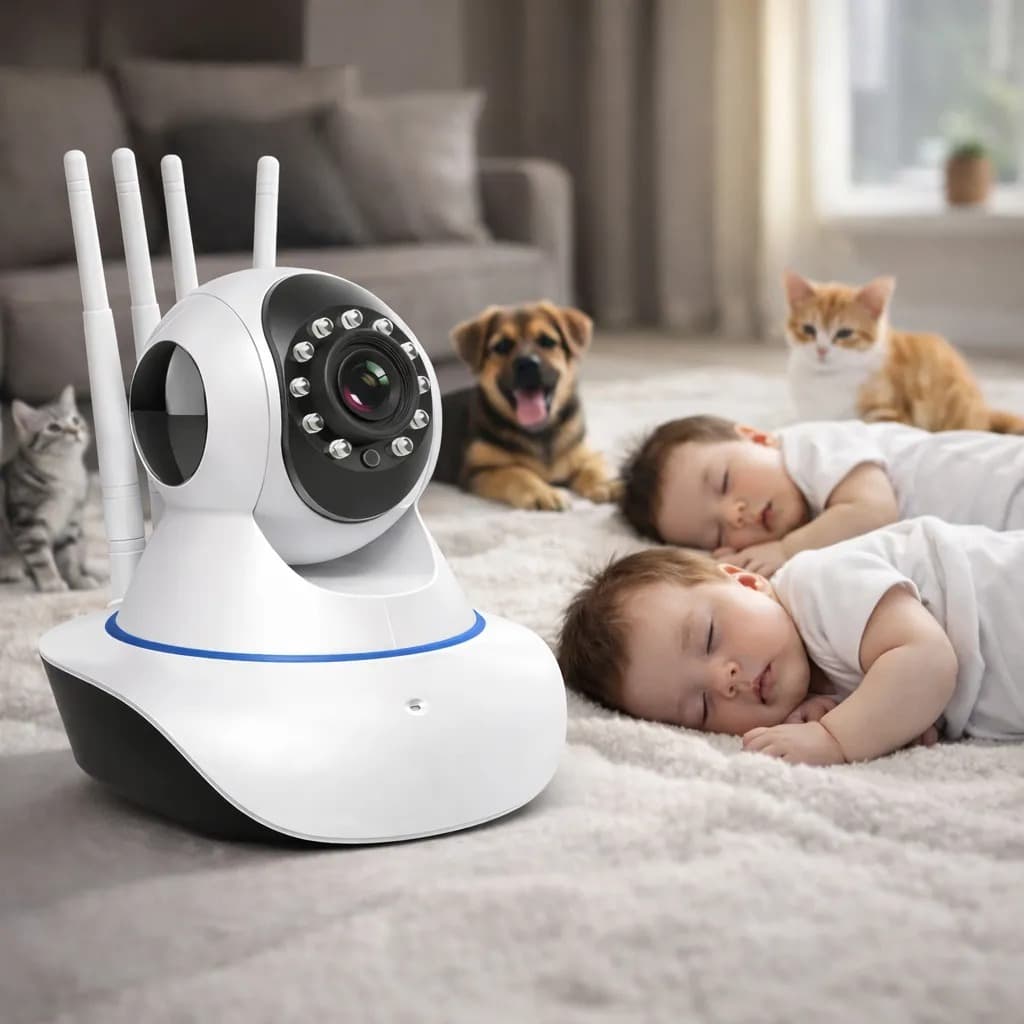 Câmera iP Robô 3 Antenas Wifi Visão Noturna Full HD 360º Microfone Áudio Babá Eletrônica