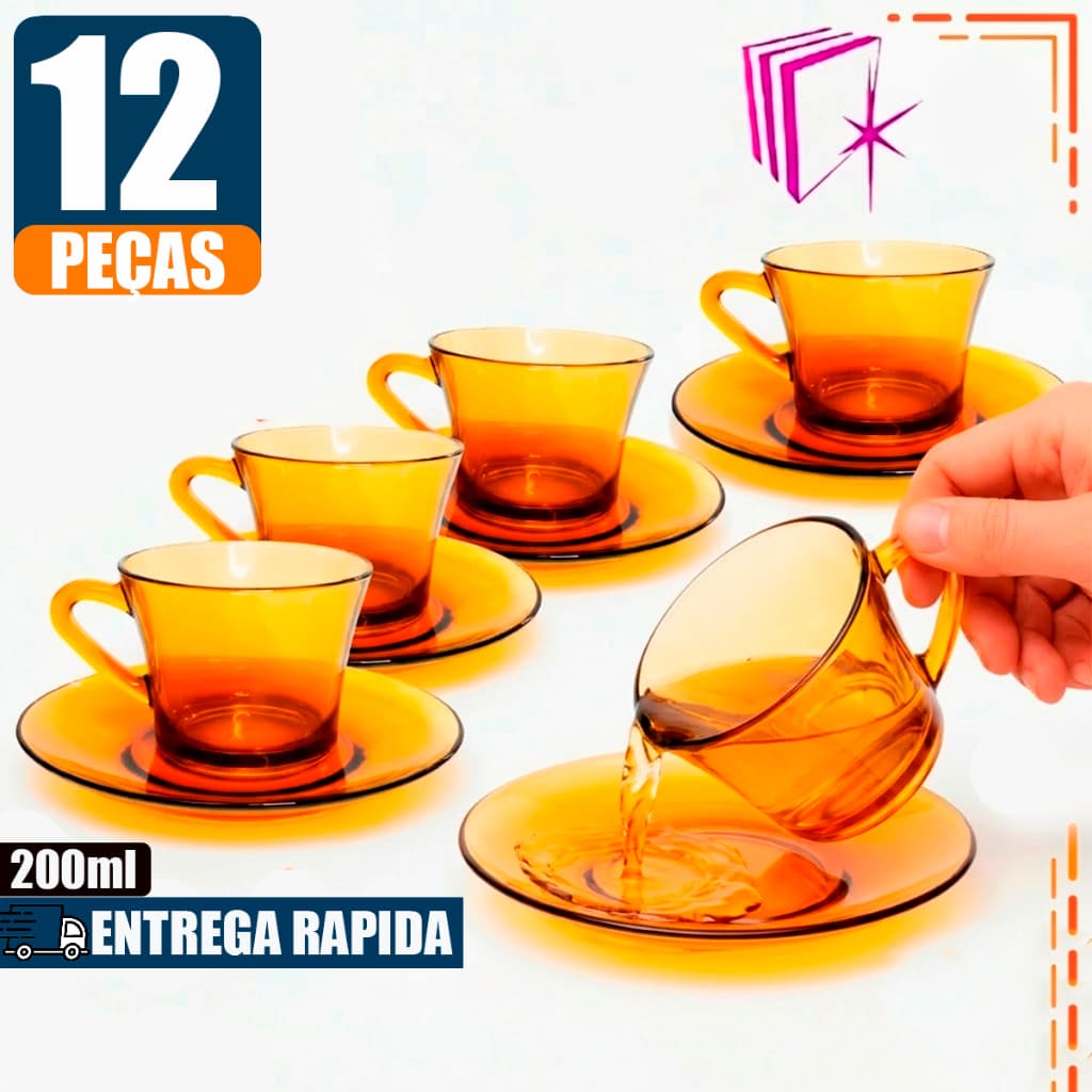 Jogo 12 Peças Xícaras Âmbar com Pires – 6 Xícaras 200ml de Vidro + 6 Pires Liso para Chá e Café