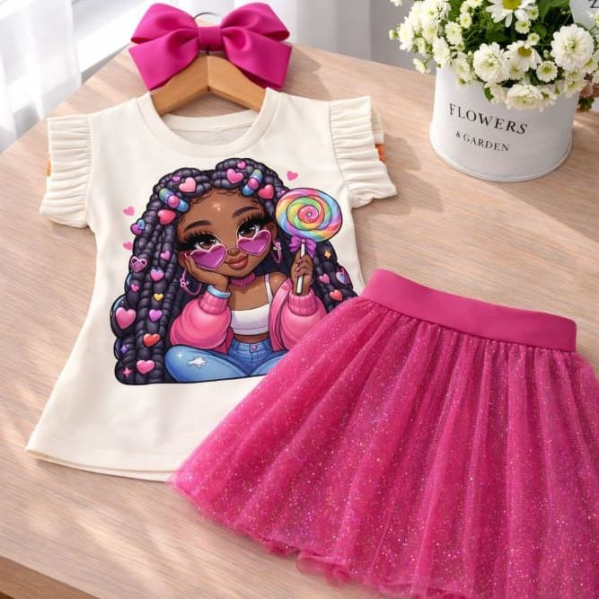Conjunto Infantil Menina Estilosa Blogueirinha Fashion Blusa Off Estampa Menina Morena Pirulito Saia Tule Glitter Pink