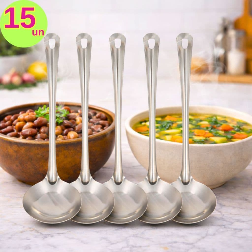 Kit 15 Concha Inox Colher de Cozinha para Servir Feijao Sopa Caldos 23cm Para Restaurantes Buffet