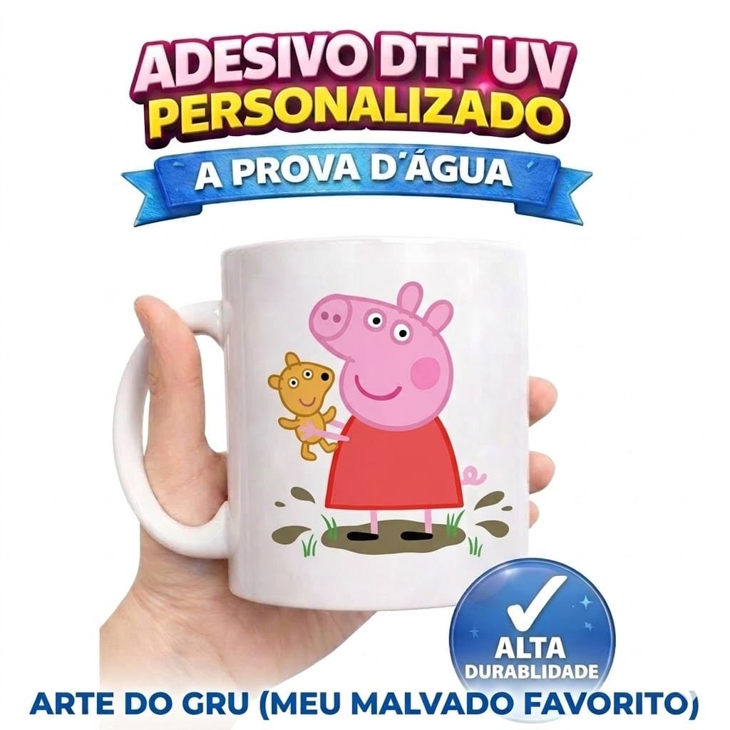 ADESIVOS DTF IMPRESSÃO UV PEPPA PIG CANECAS COPOS GARRAFAS 7,5CM  A PROVA D' ÁGUA