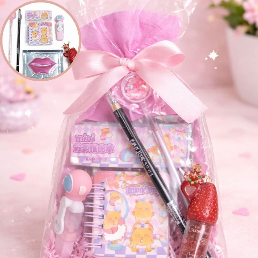 Kit papelaria Presente Kawaii Fofa + Maquiagem | Gloss Viralizado, Lápis de Olho, Caneta Fofa, Mini Caderno | Mimo Femin