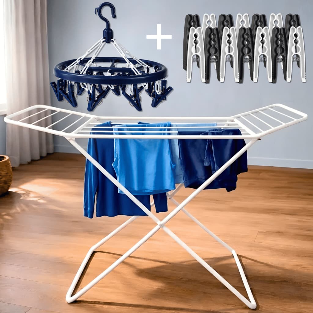 Varal de Chão Dobrável Portátil + Varal Íntimo 16 Prendedores | Kit Lavanderia 24 Prendedores