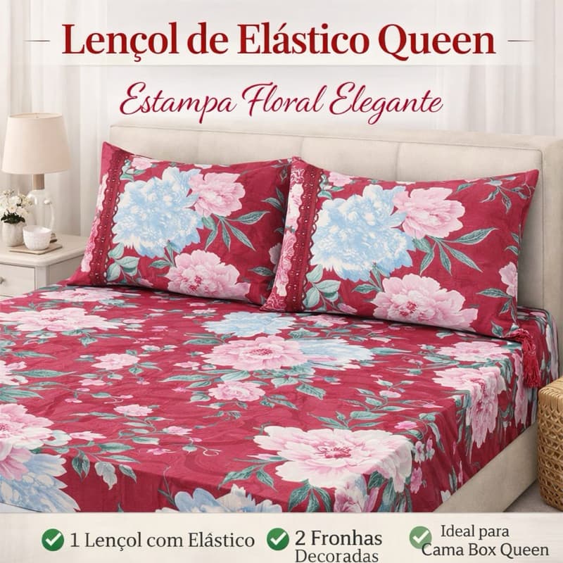 kit Lençol malha queen box casal 100% algodão com fronha estampa floral com vermelho - 3 peças