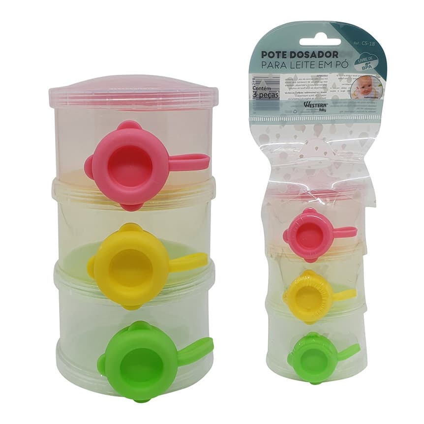 Conjunto Com 3 Potes Dosador  Para Leite Pó Lanches Papinha Frutinha Bebe