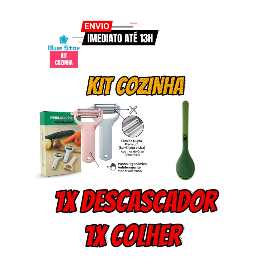 Kit Cozinha Descascador Legumes Frutas Manual + Colher Infusora Temperos Sopa Sabores Condimentos