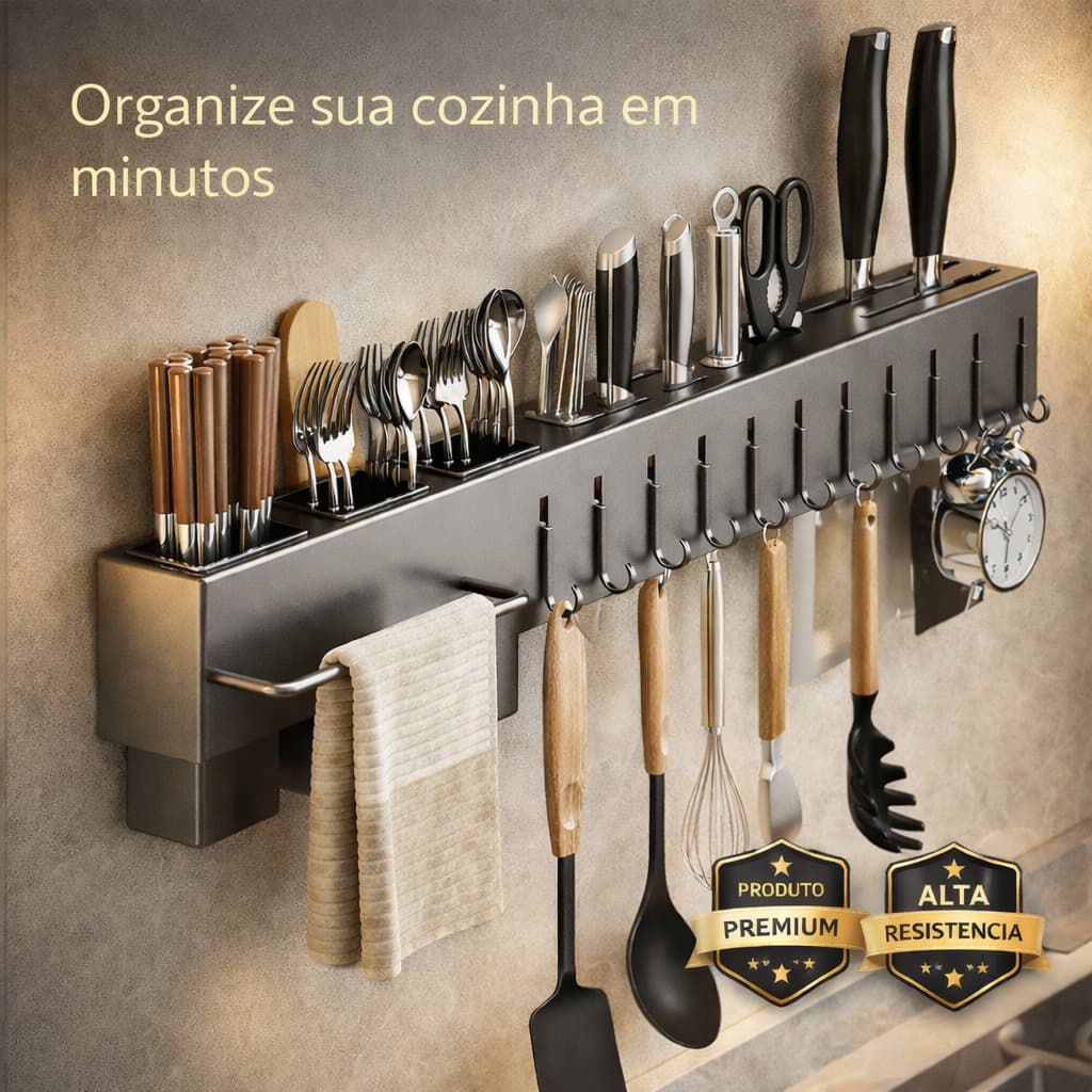 Suporte Organizador de Utensílios de Cozinha 10 Ganchos Parede Porta Colheres Metal