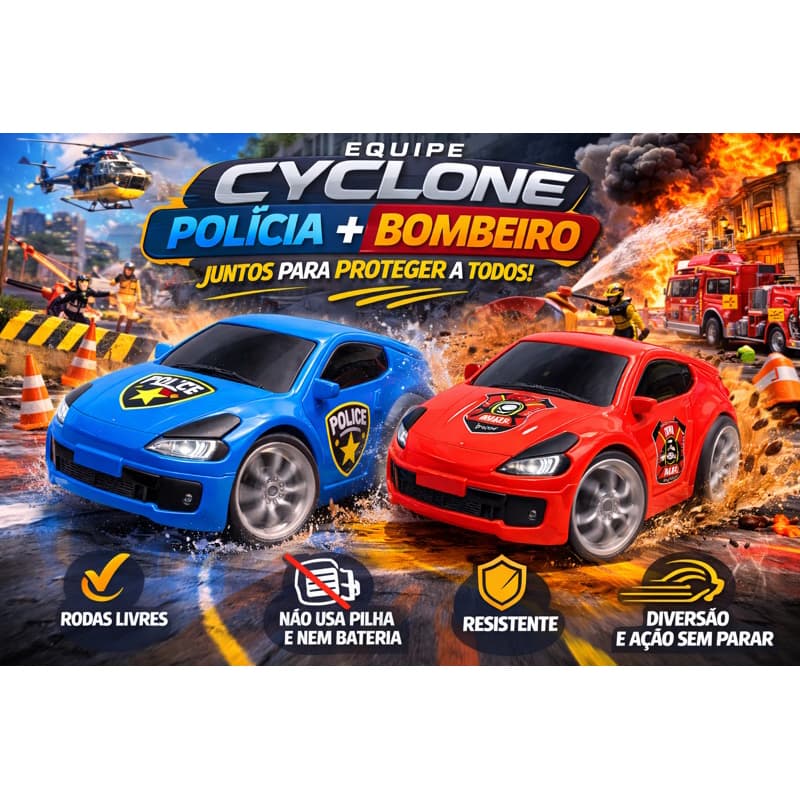 Kit 2 Carrinhos Cyclone Police + Bombeiro Gava Toys – Rodas Livres, Super Resistente, Estimula Imaginação Infantil
