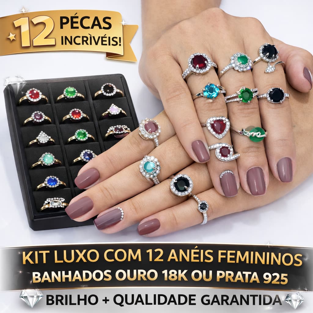 Kit Atacado 12 Anéis Femininos Folheados Ouro 18K ou Prata 925 – Alta Qualidade + Garantia