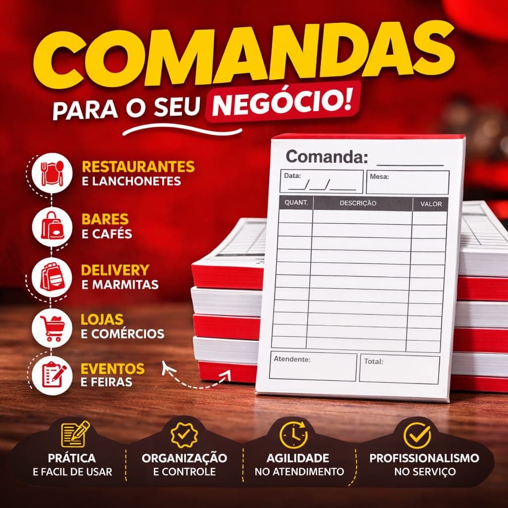 Bloco de Comanda (100 Folhas cada Bloco) kit Com 10 Blocos - Restaurantes\ Garçom \ Pedido - Lanchonete - Padaria