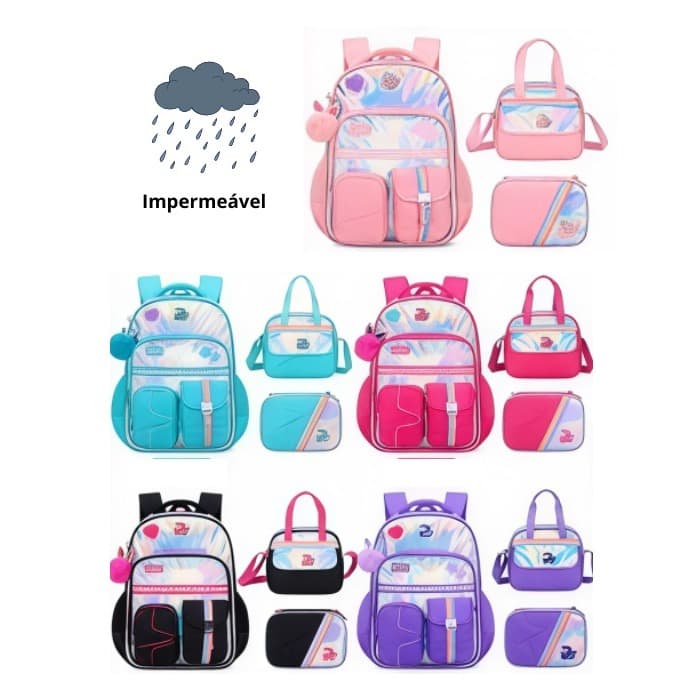 Kit Mochila Escolar Infantil Feminina com Estrelas e Pompom Impermeável, Lancheira e Estojo