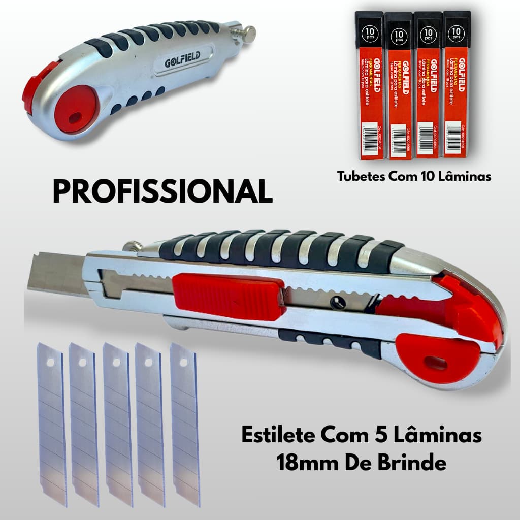 Estilete Profissional Emborrachado 18mm c/5 Lãminas recarga Auto Ergonômica 10 20 30 40 Lâminas