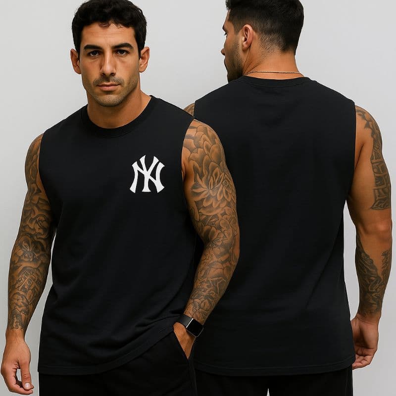 Regata Masculina NY Academia Treino Fitness Casual, Camiseta Regata Masculina Preta Branca Bege Estilo Streetwear