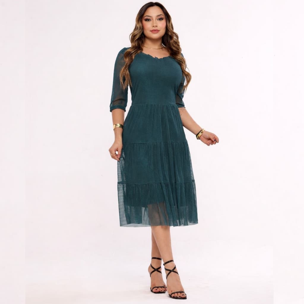 Vestido Midi Tule Moda Feminina Estampado Floral Evangelico