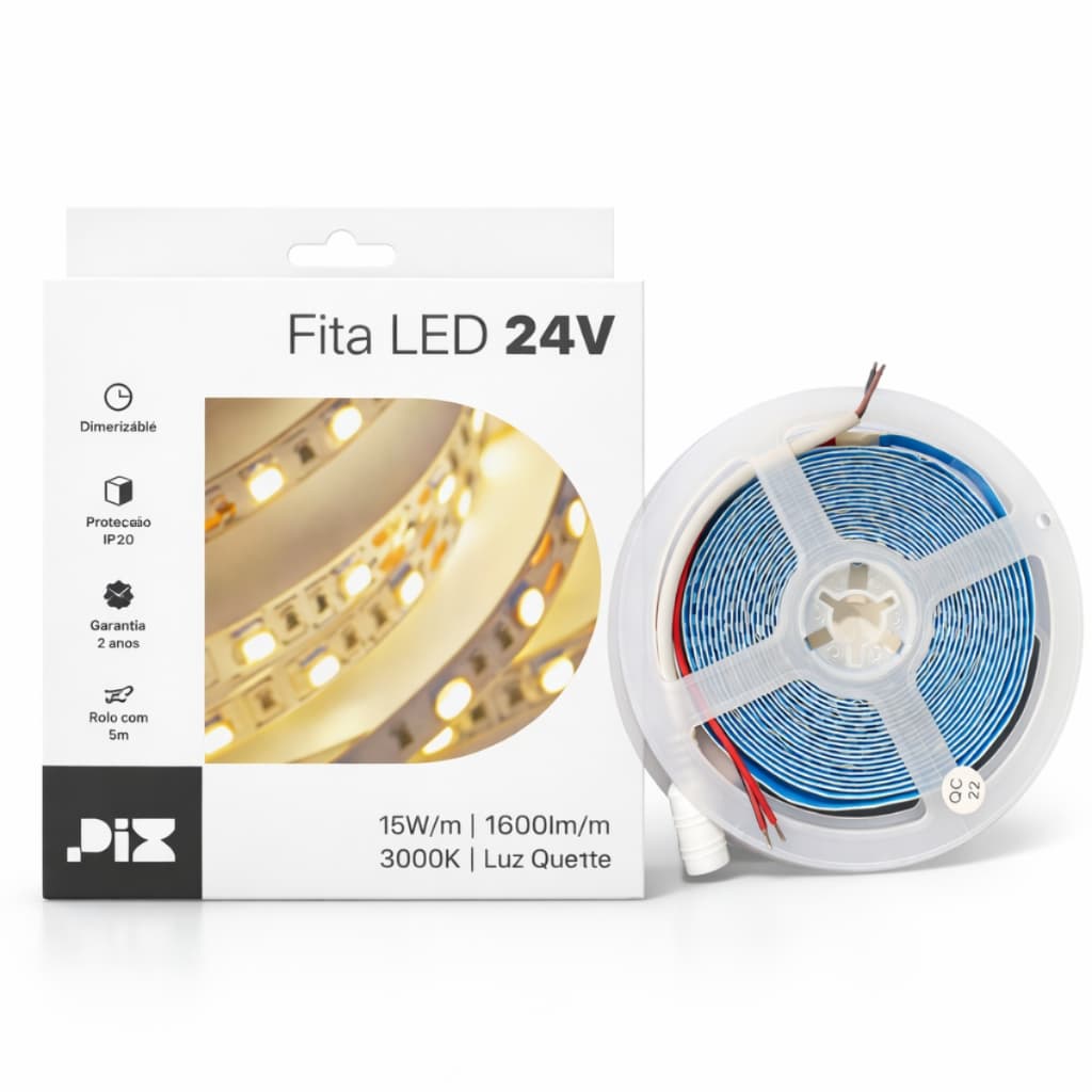 Fita Led Pix 15W 180LED/m 3000K 24V Rolo 5m Promoção FG Frete Grátis Iluminação Qualidade Premium