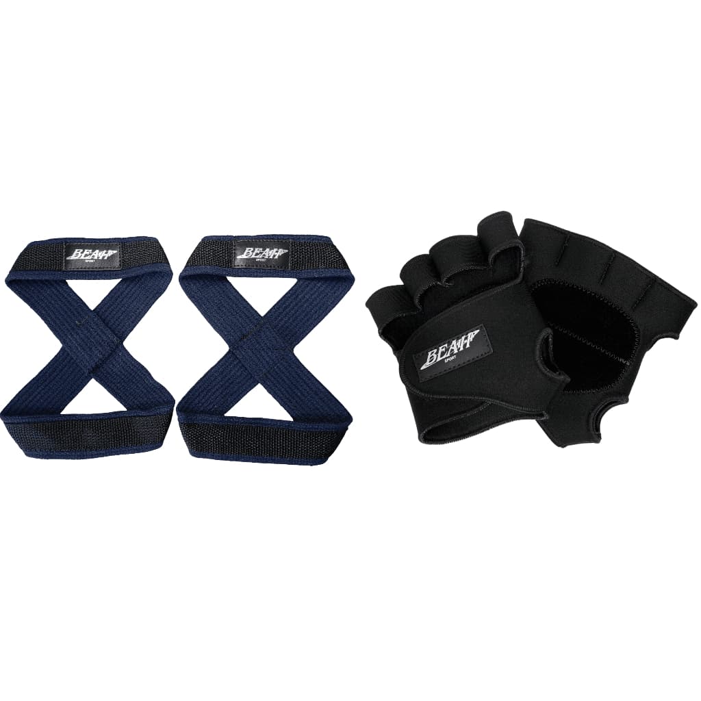 Kit 1 Par De Luvas De Academia Preto + 1 Par de Talas Straps 8 Azul Para levantamento de peso