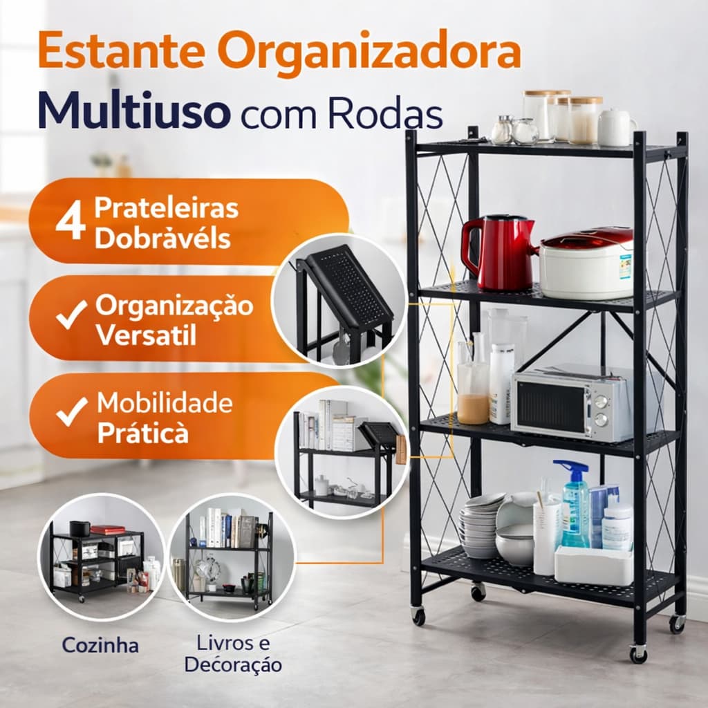 Estante Organizadora Multiuso com Rodas 4 Prateleiras Dobráveis em Metal Preta