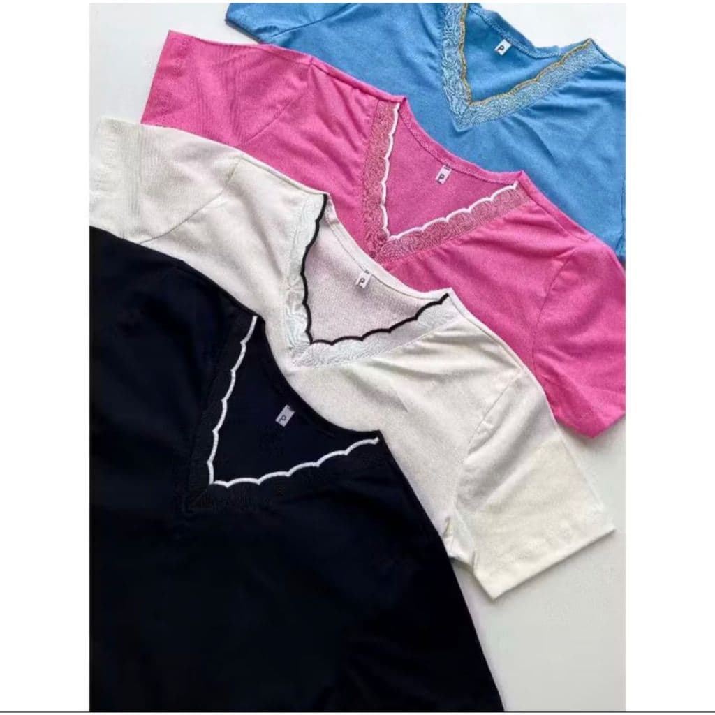 Blusa Camiseta Tshirt Gola V Basica Lisa Detalhe na Gola