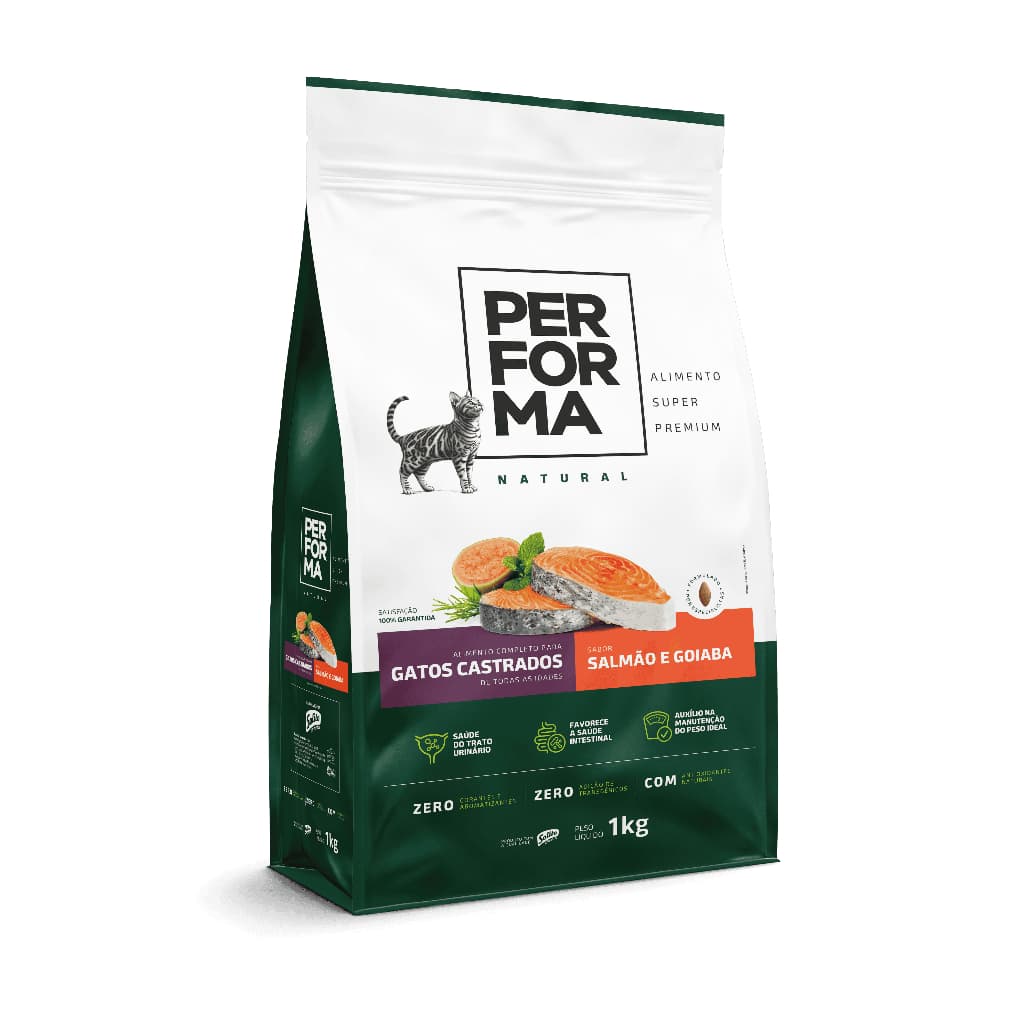 Ração Performa Natural Gatos Castrados 1kg Super Premium Natural Salmão Goiaba