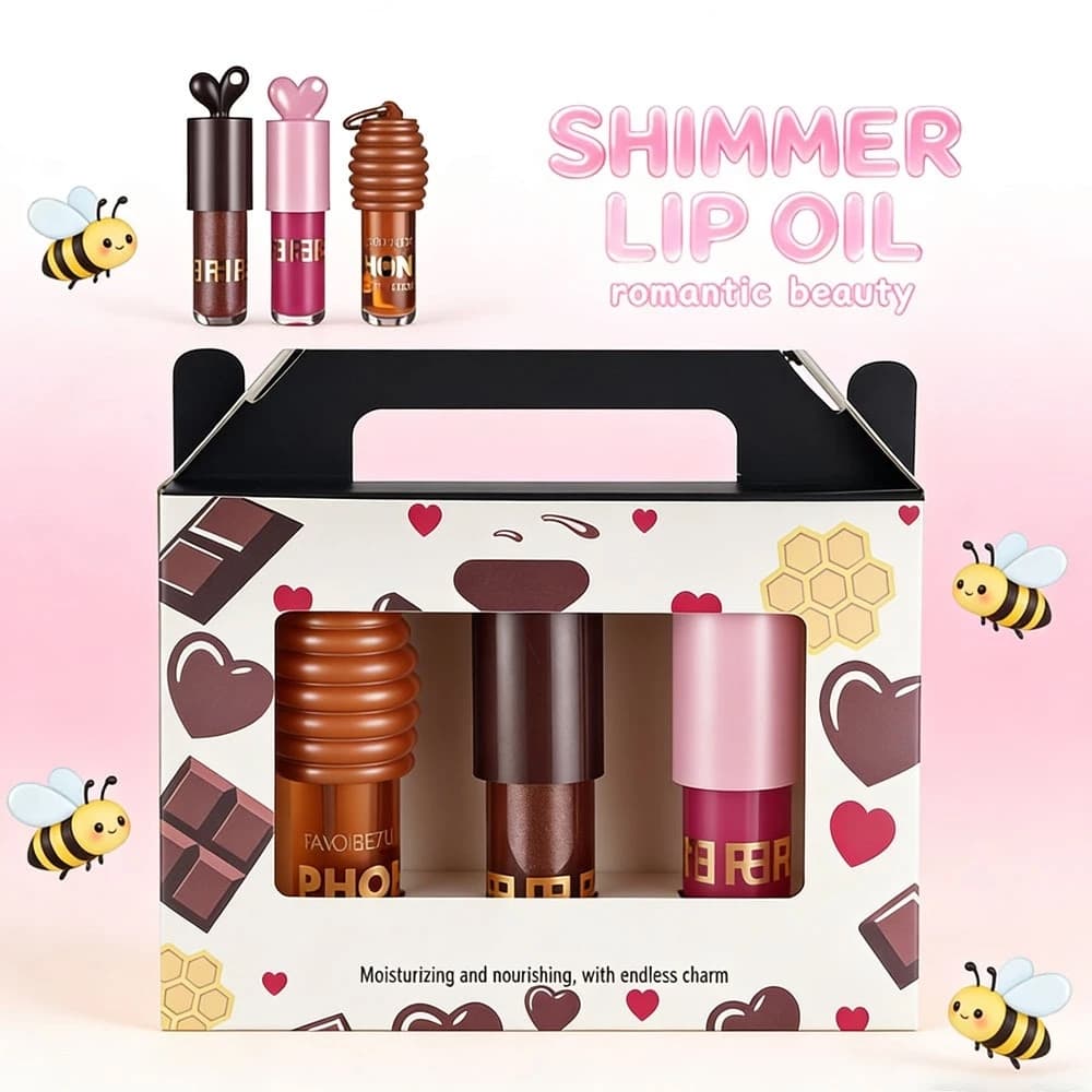 Kit 3 Gloss Lip Oil Shimmer Honey Chocolate Rosa – Hidratante Labial Brilho Intenso