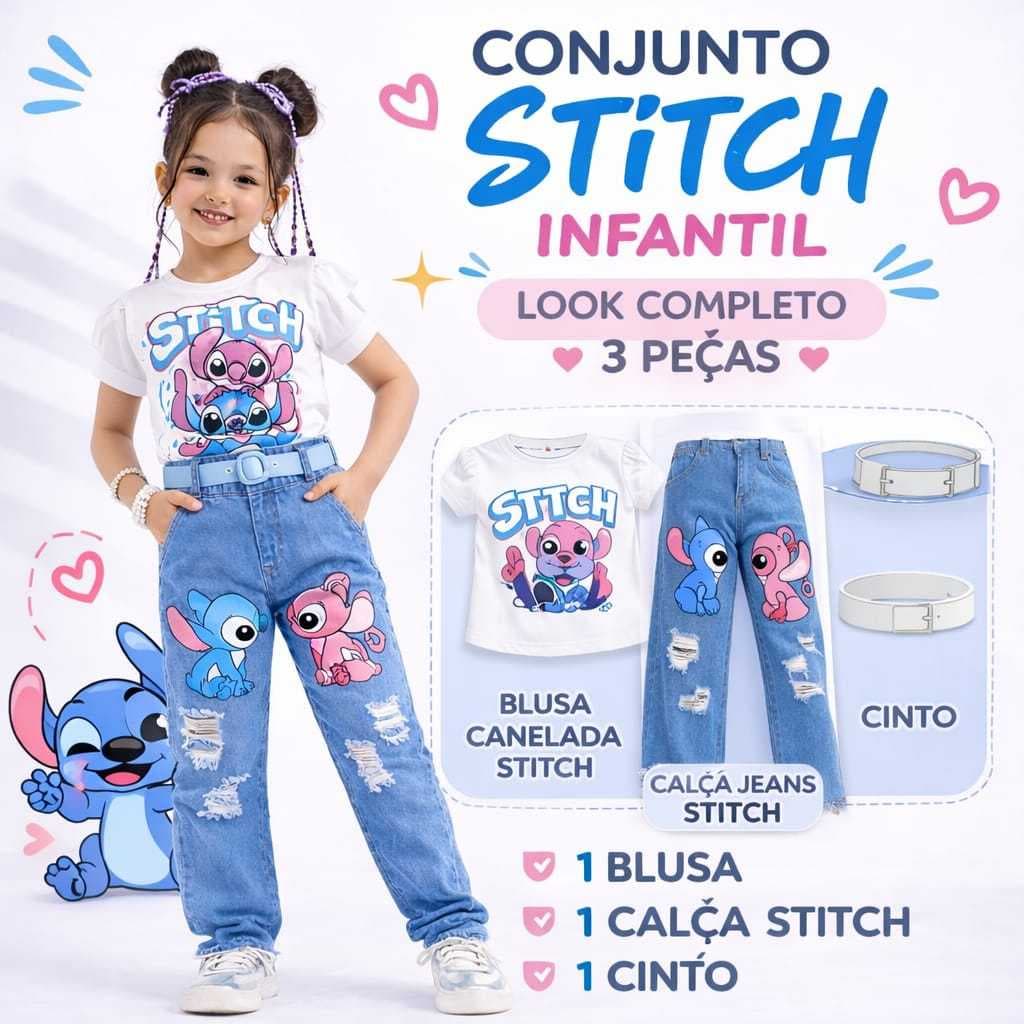 Conjuntos personagens Infantil Feminino 3 Peças Calça Jeans Blogueirinha + Blusa  + Cinto