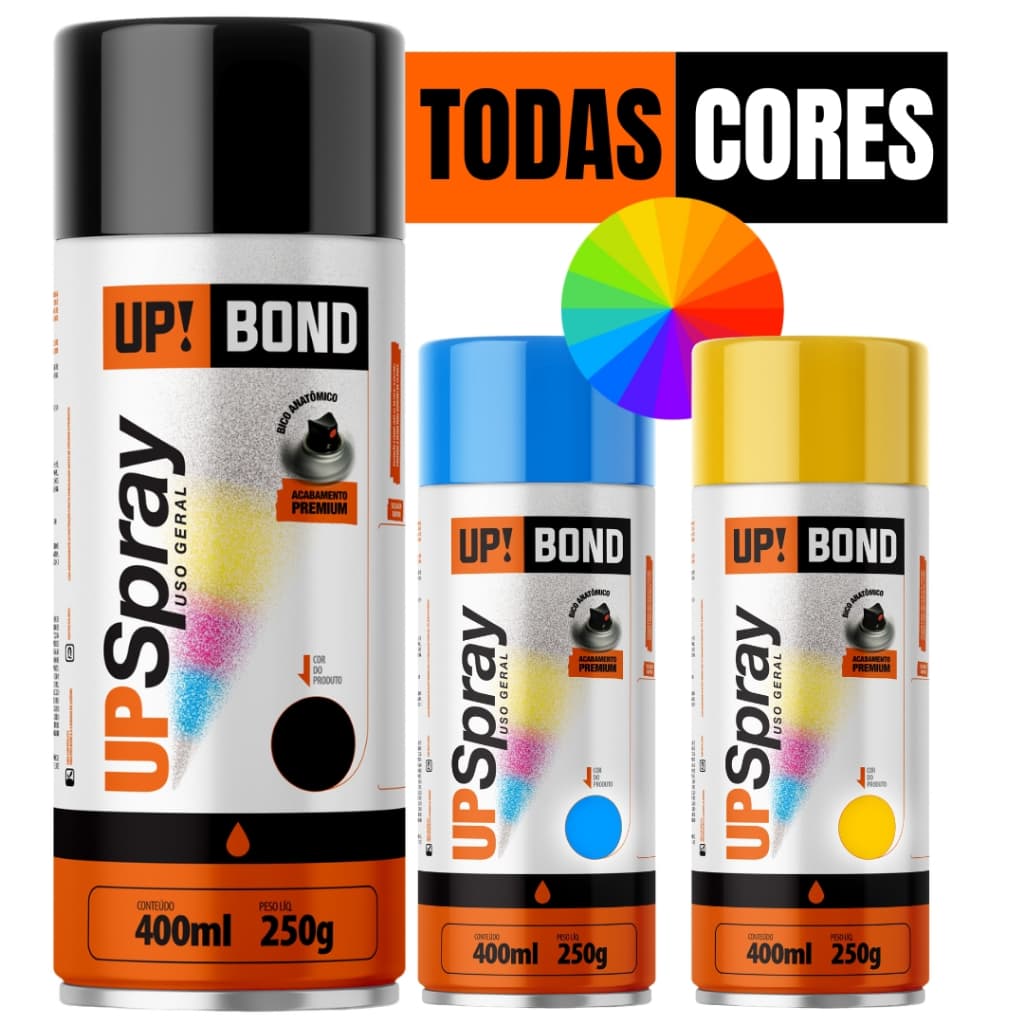 Tintas Spray Profissional Todas as Cores Secagem Rápida UpBond Uso Geral Preto Primer Verniz 400ml