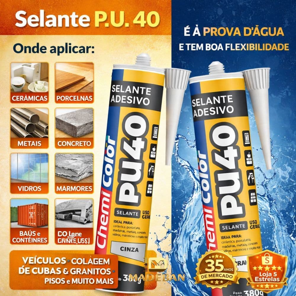Selante PU40 Chemicolor 380g Cola Poliuretano Vedação Impermeável Construção Automotivo Branco/Cinza