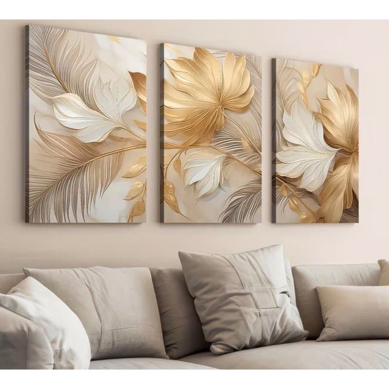 Quadro Decorativo Flores Douradas – Kit 3 peças para Sala, Quarto e Escritório | Decoração Moderna
