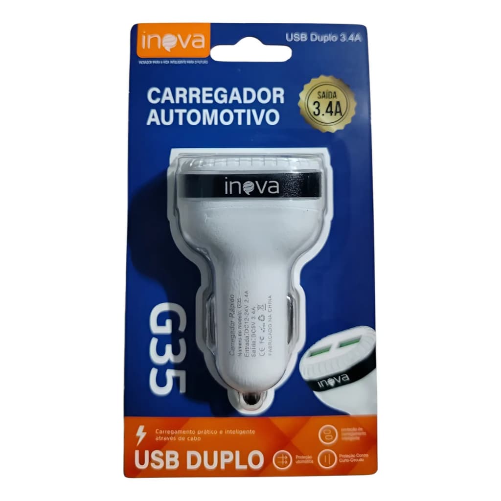 Carregador Veicular Automotivo Turbo de Carro Inova 3.4A CAR-G35 USB Duplo Proteção