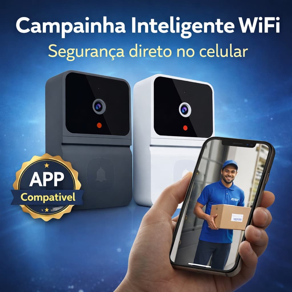 Campainha Inteligente WiFi com Câmera HD Visão Noturna Áudio App Celular Bivolt