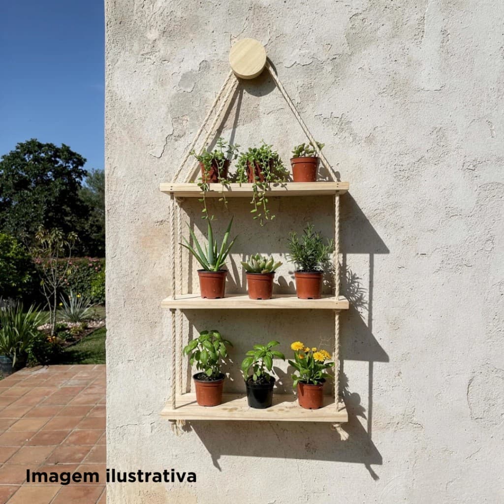 Floreira Prateleira Suspensa Vertical Decoração Flores Madeira Pinus Corda Sisal