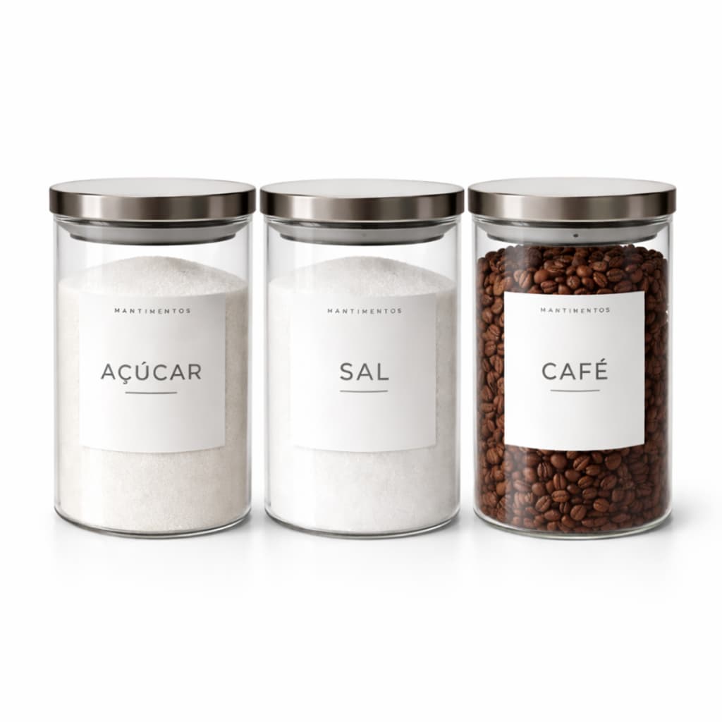 Kit 3 Potes Herméticos com Tampa de Inox 1000 ml Vidro Com Etiquetas Açúcar Café e Sal 15 cm Altura