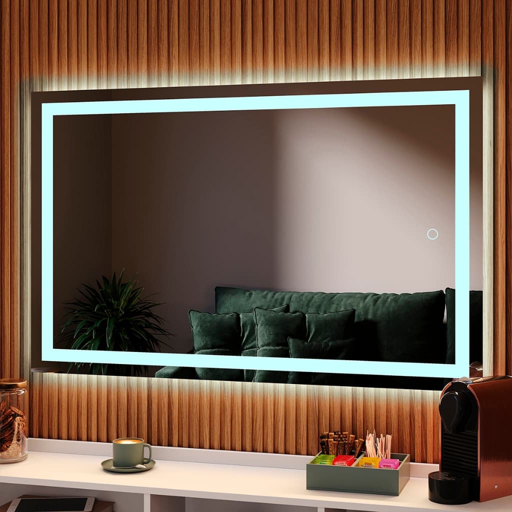Espelho Retângular Jateado LED 3 Multicolor Touch Decorativo Moderno Parede Banheiro Sala Quarto