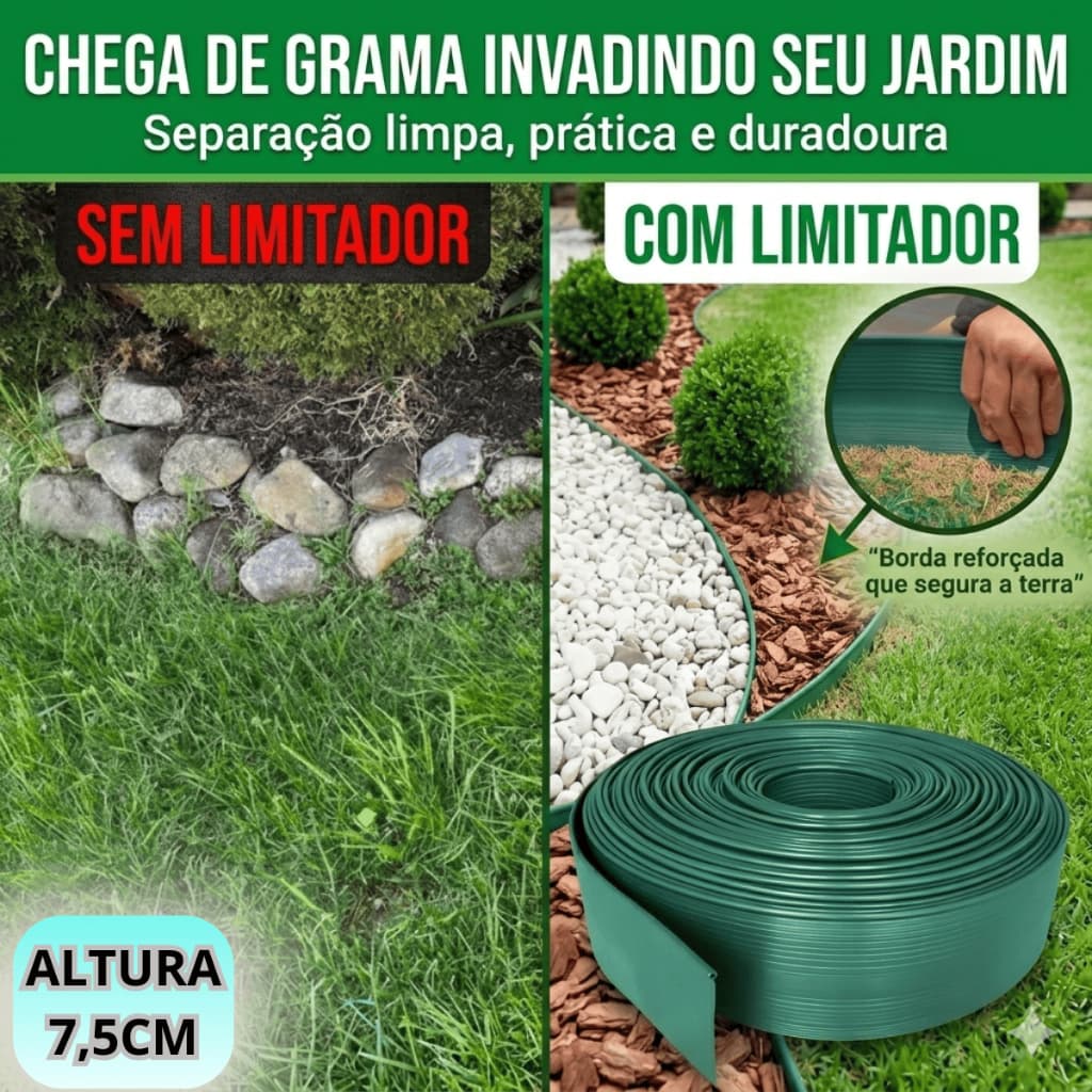 Limitador De Grama Separador VERDE com Borda Divisor Jardinagem Melhor Custo 7,5 Cm Varios Tamanhos