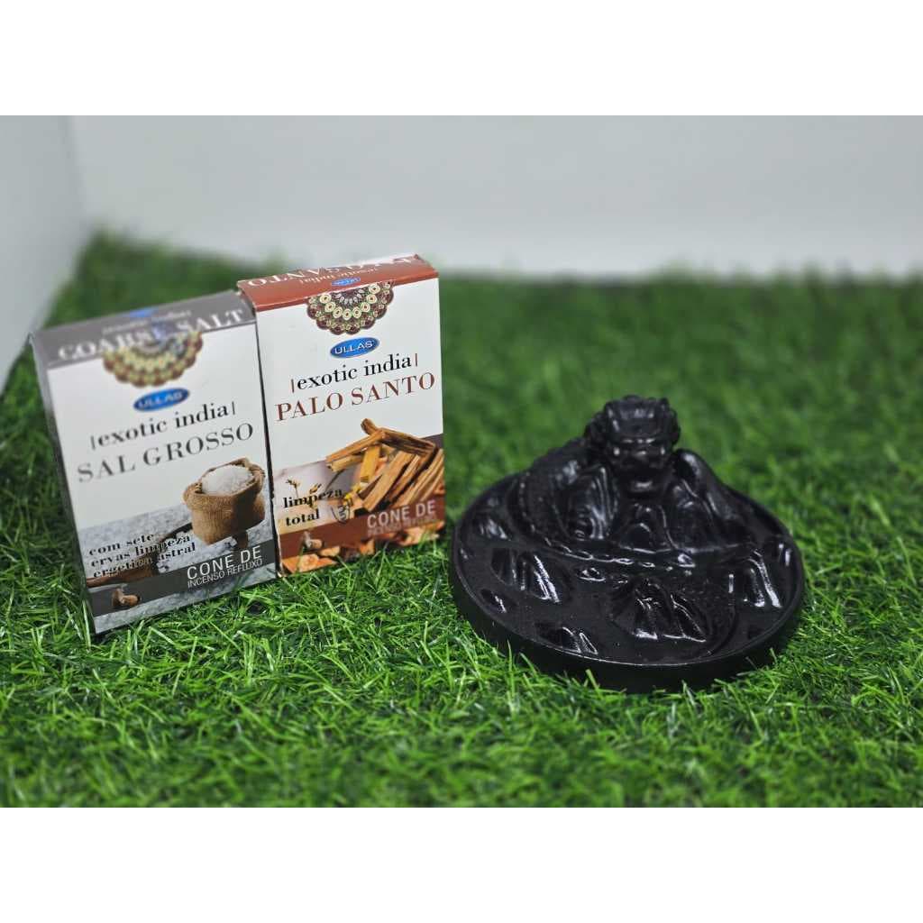 Kit Incenso de Cascata Indiano Back Flow Linha Premium Sal Grosso e Palo Santo + Incensário Cascata Dragão na Montanha