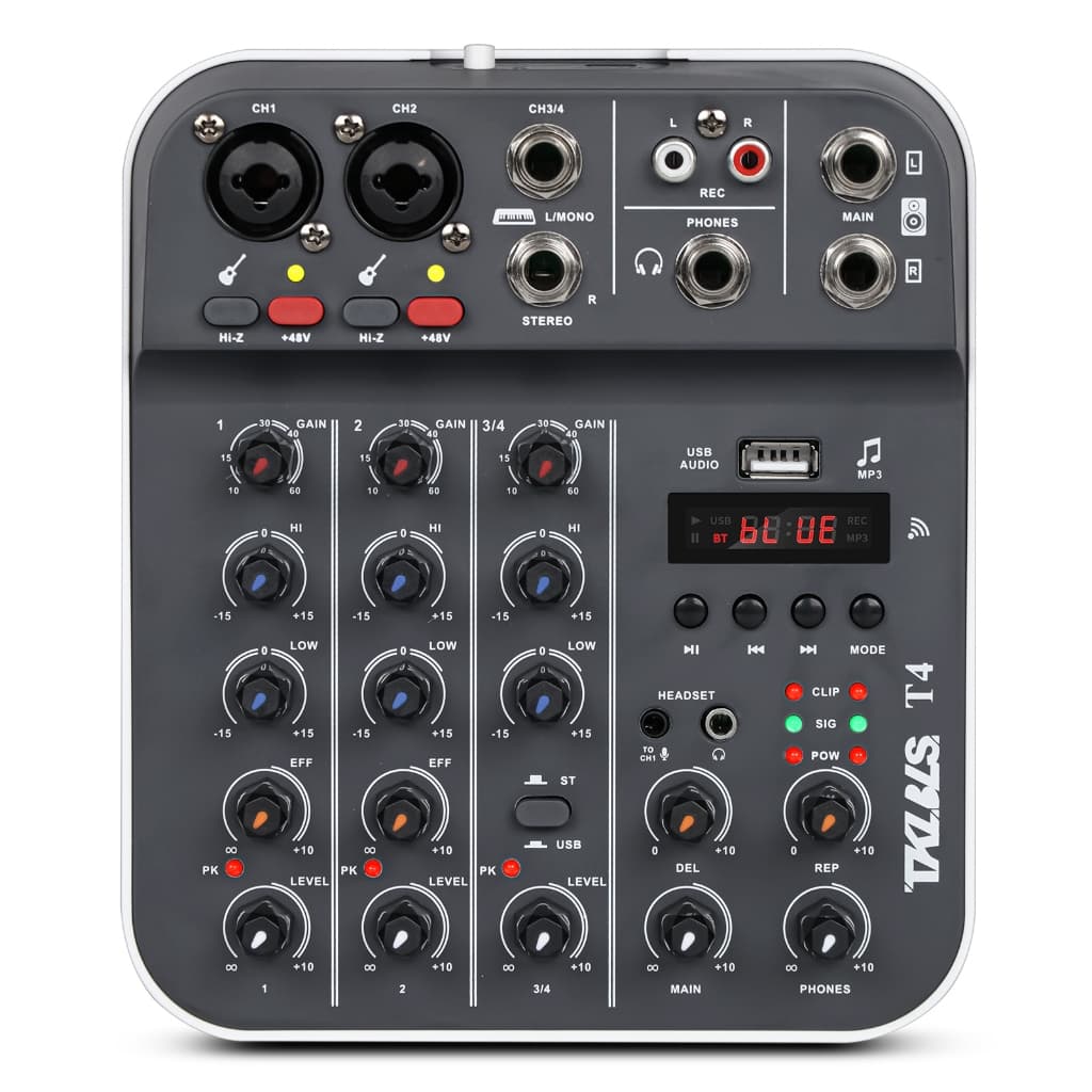 Mesa de Som 4 Canais Profissional TKLBLS com Bluetooth USB Alimentação Fantasma 48V para Live