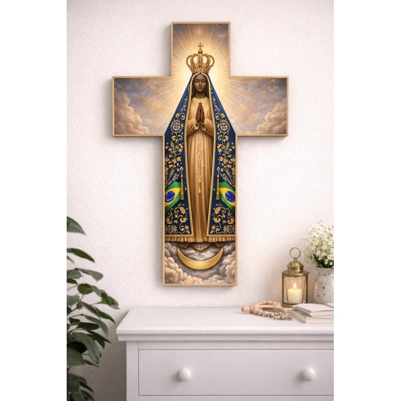 Quadro placa Cruz Nossa Senhora Aparecida MDF Premium Dourado Decorativo Religioso Católico Parede