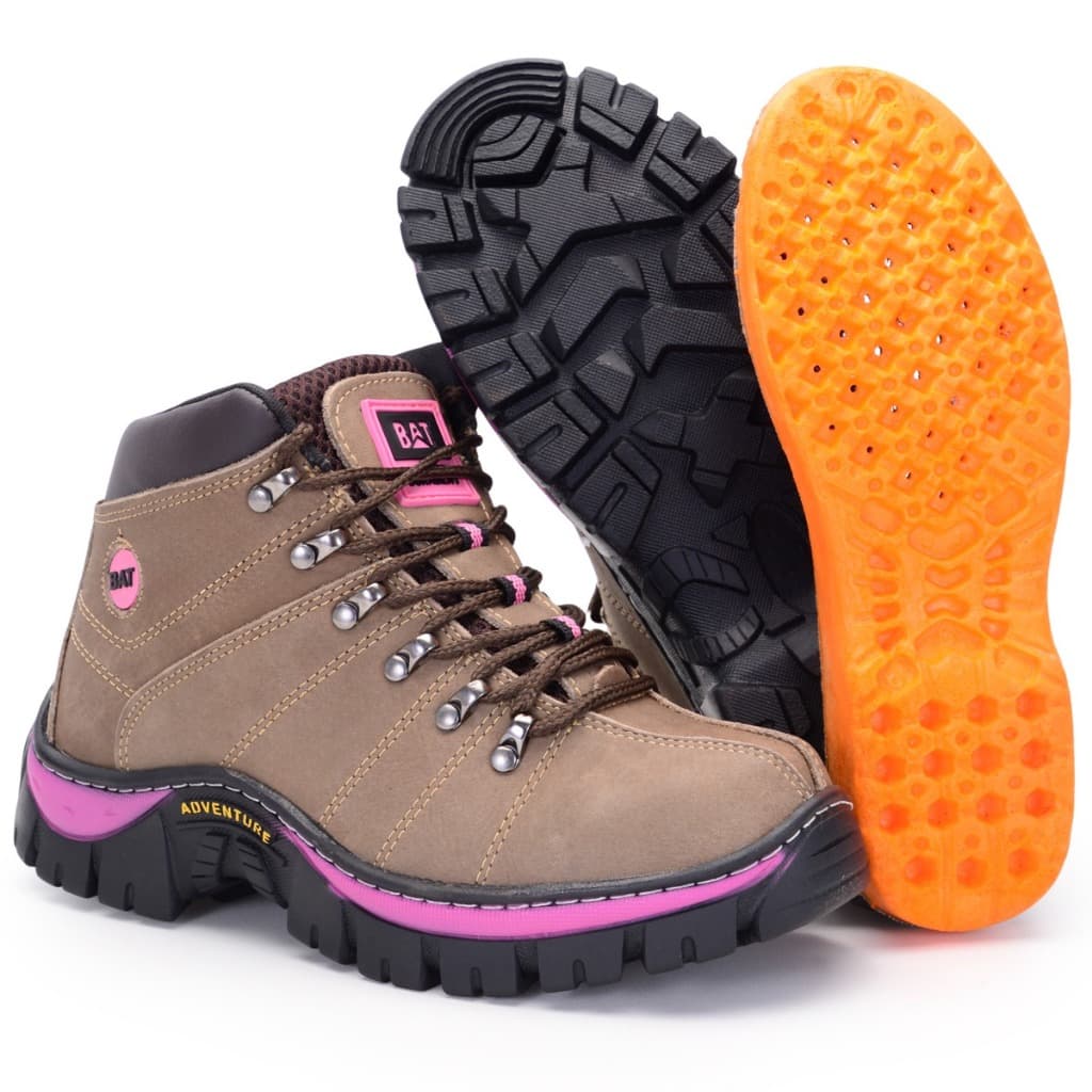 Bota Adventure Macia Palmilha Em Gel Conforto Couro Legitimo Cinza Rato Com Rosa Fosco Trilha Feminino