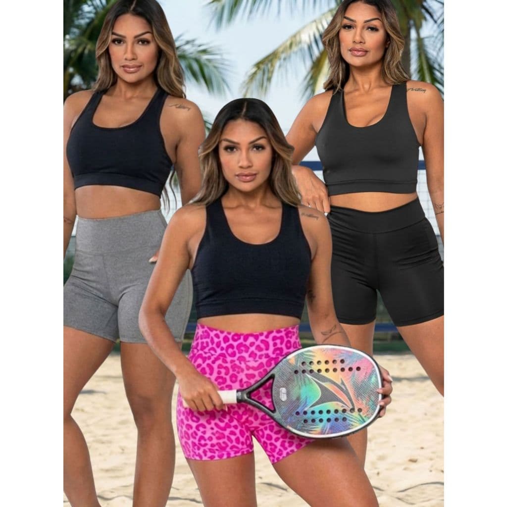Kit 3 Shorts Virginia para Beach Tennis Feminino com Bolso Cintura Alta Dry Fit Fitness