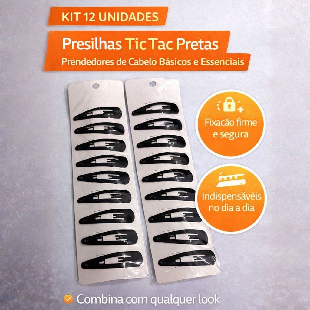 Kit 12 Unidades Presilha Prendedores de Cabelo TIC TAC Grampo Na COR PRETA