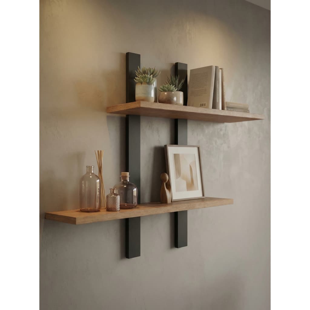 Prateleira Decorativa de Parede Dupla em MDF Amadeirado – Suporte Livros e Objetos – Design Moderno