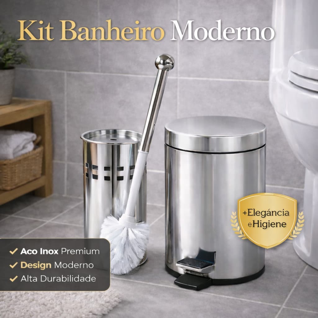 Lixeira Inox com Pedal 3L 5L + Escova Sanitária Inox Kit Banheiro Moderno Cesto Removível