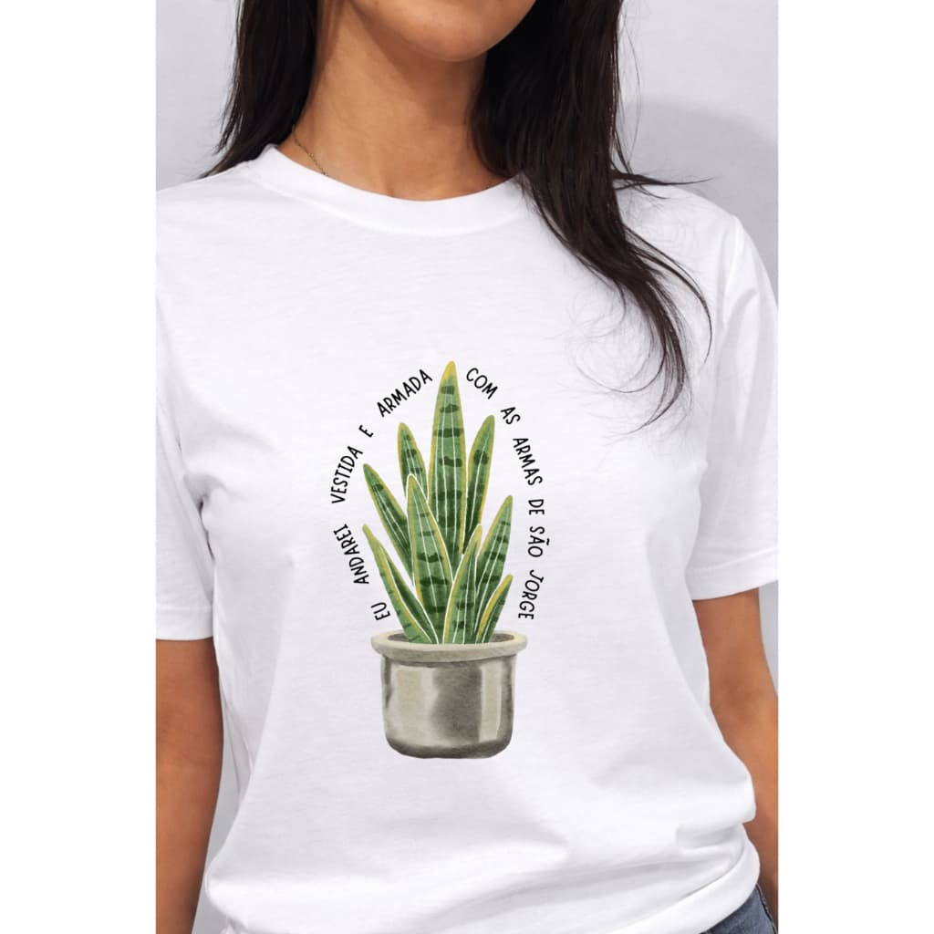 Camiseta Feminina São Jorge Frase Religiosa Estilosa Blusa Minimalista Fé Planta Espada de São Jorge Camisa Tshirt