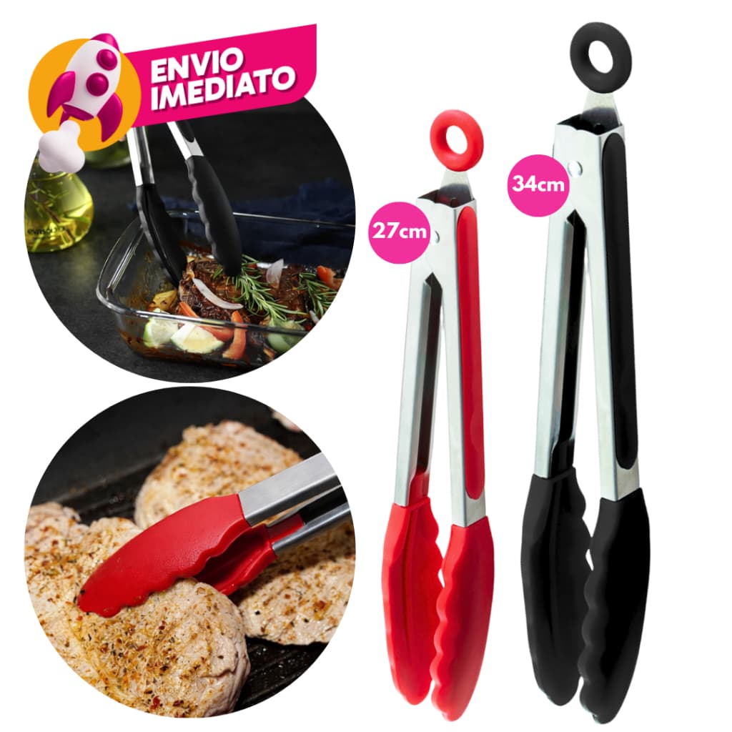 Kit Pegador Pinça Culinaria 27 E 34Cm Inox Silicone Pé Apoio Salada Churrasco Cozinha Restaurante