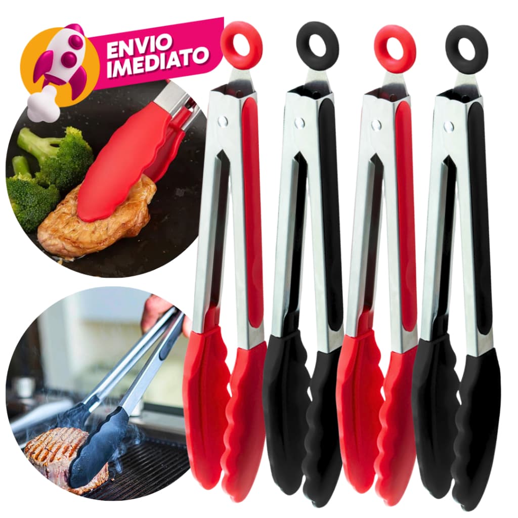 Kit Pegador Pinça Culinaria 34Cm Inox E Silicone Com Pé Apoio Massa Salada Cozinha Restaurante