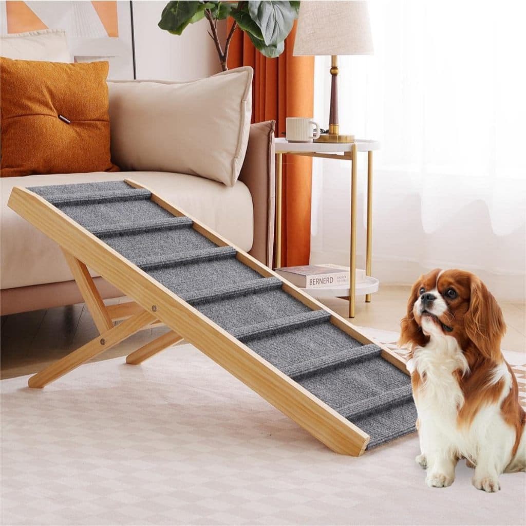 Rampa Pet Premium 100cm Ajustável em Madeira – Proteção de Coluna e Articulações para Cães e Gatos