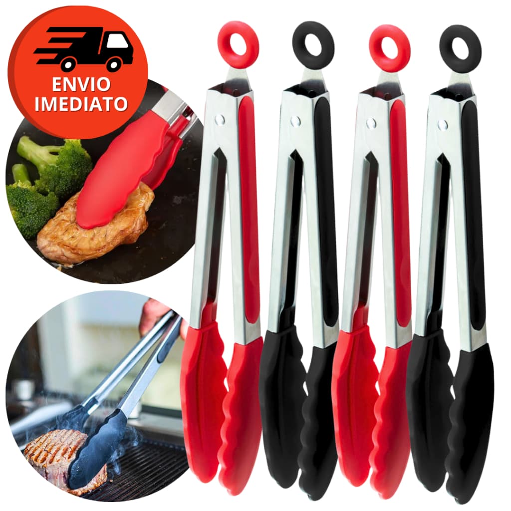 Kit Pegador Alimento 34Cm Inox E Silicone Com Apoio Salada Churrasco Massa Cozinha Bar Restaurante